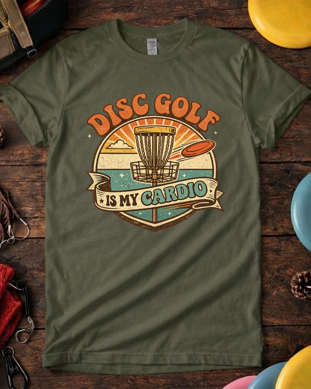 Close-up of Disc Golf Is My Cardio disc golf graphic and typography