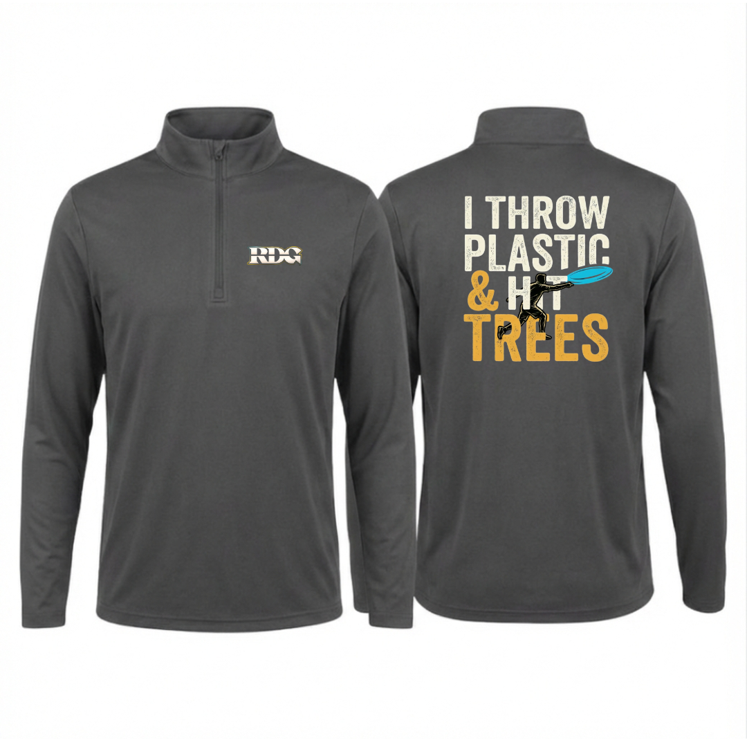 Iron grey disc golf quarter zip pullover for players who hit trees. Lightweight disc golf performance pullover