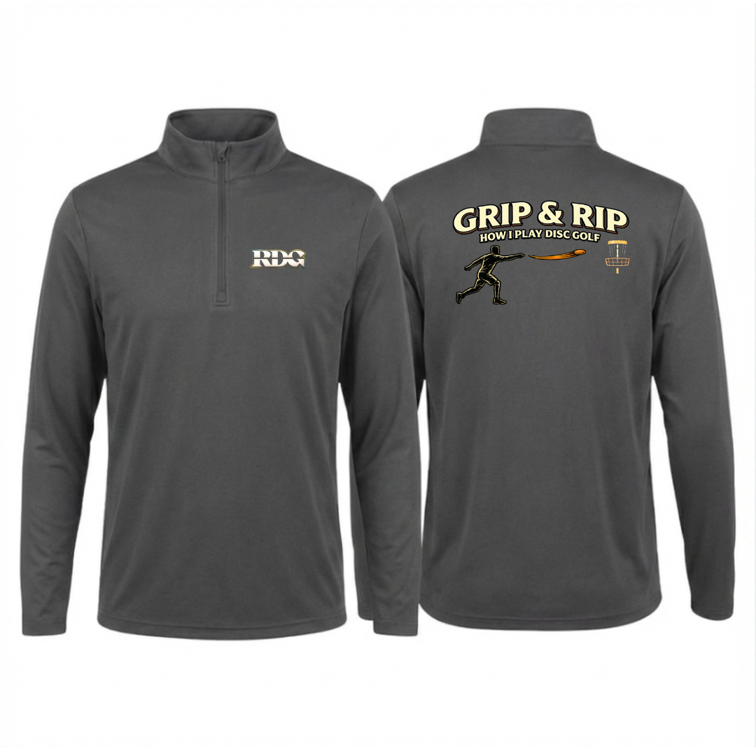 Lightweight disc golf quarter zip pullover for casual rounds. Disc golf pullover showing Grip & Rip how I play disc golf graphic.