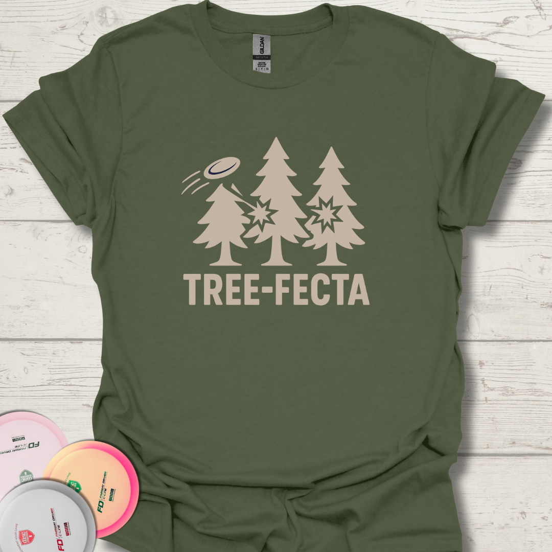 Unisex Tree-Fecta frisbee golf t-shirt with tree graphic. Funny disc golf gift shirt with Tree-Fecta text and forest print. Funny disc golf shirt. Frisbee golf shirts.
