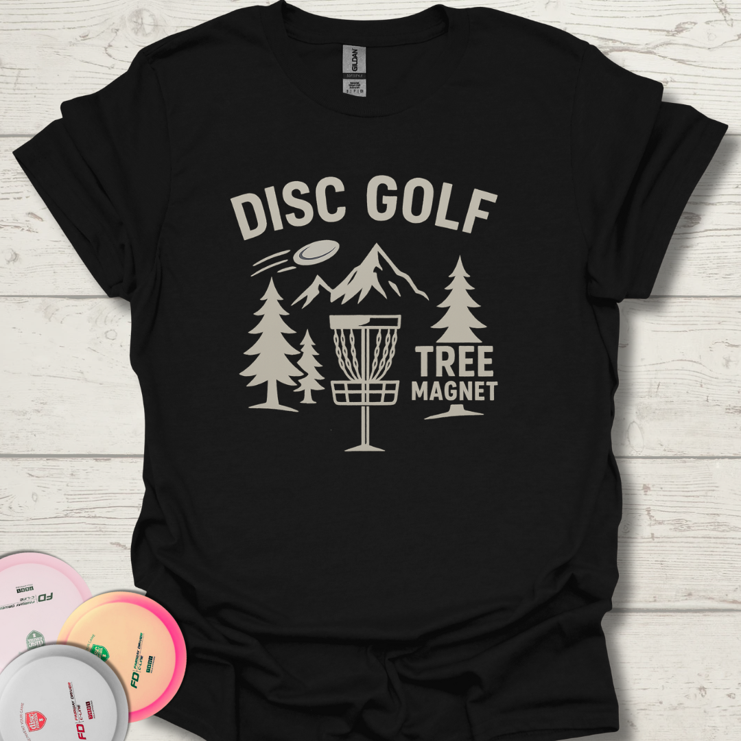 Tree Magnet disc golf shirt with funny hitting trees design. Unisex Tree Magnet frisbee golf t-shirt for disc golfers.