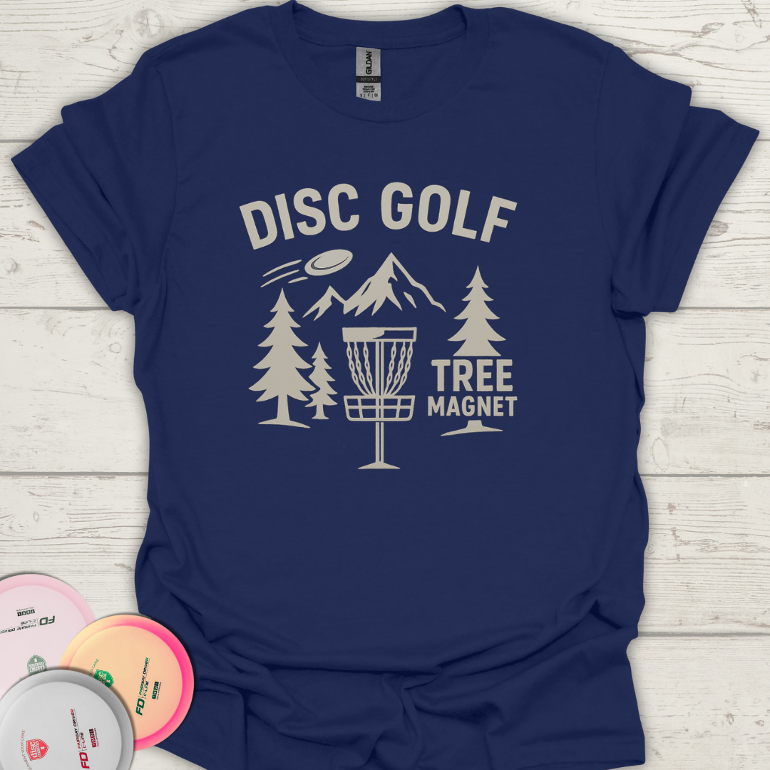 Funny disc golf gift shirt with Tree Magnet text and forest print.