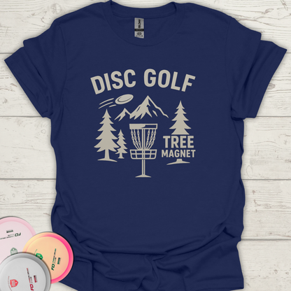 Funny disc golf gift shirt with Tree Magnet text and forest print.