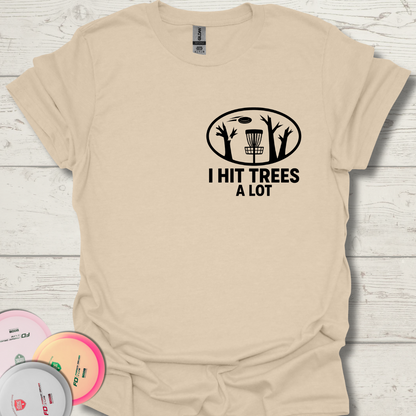 I hit trees a lot disc golf player. Disc golf player that hit trees, throwing frisbee in the woods.