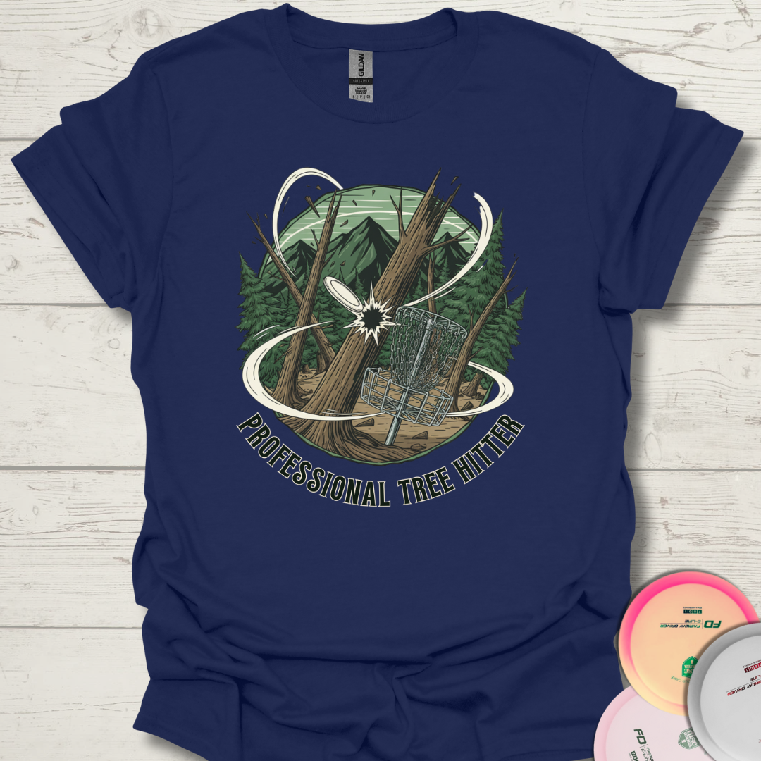 Close-up of Professional Tree Hitter disc golf graphic with trees. Funny disc golf gift shirt that says Professional Tree Hitter.