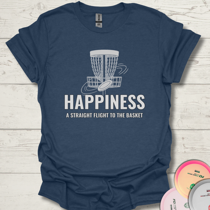 Happiness disc golf shirt – a straight flight to the basket design. Navy Happiness disc golf t-shirt with basket and flying disc graphic.