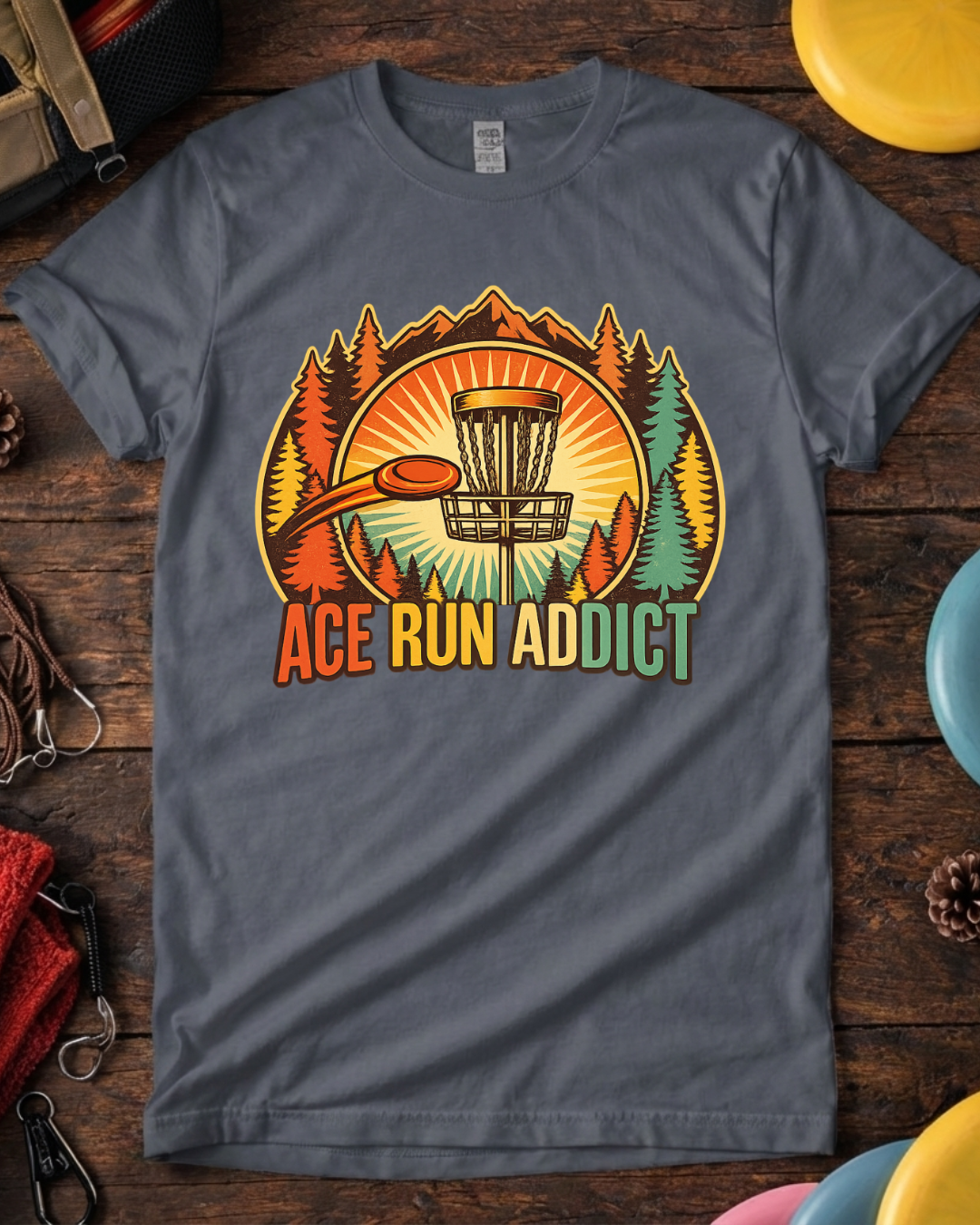Ace Run Addict disc golf shirt with retro forest and basket design.