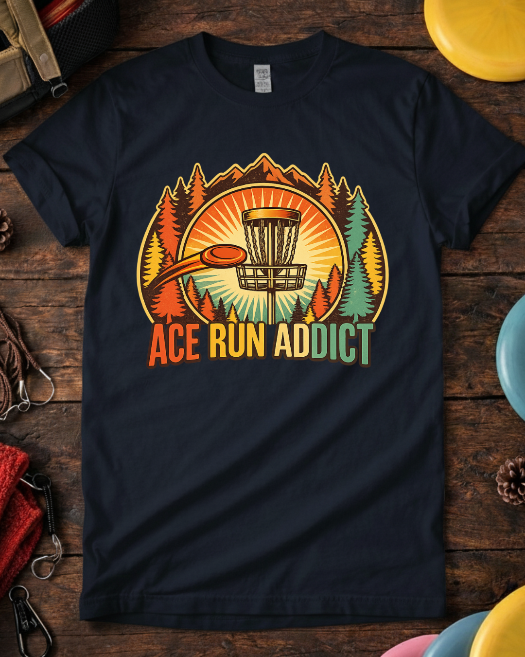 Gray Ace Run Addict funny disc golf t-shirt on wooden background.