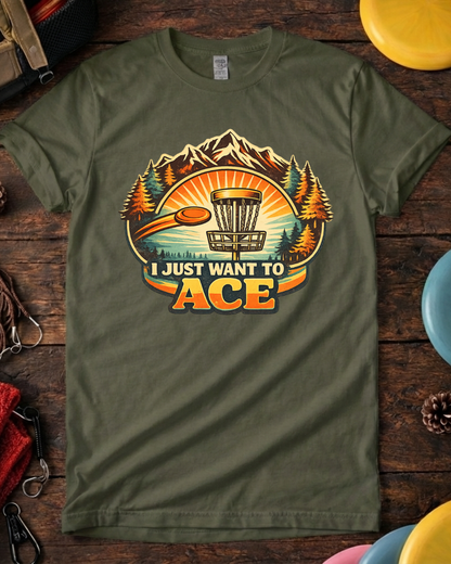 Retro ace run disc golf shirt with trees, mountains and sunset. Funny ace run disc golf shirt for league and casual rounds