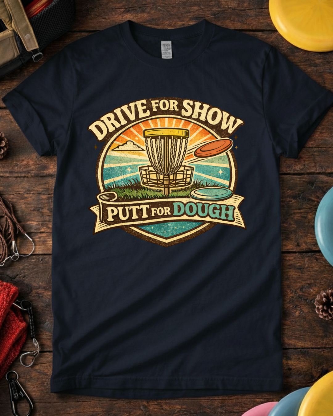 Drive For Show Putt For Dough disc golf shirt with retro basket design. Navy Drive For Show Putt For Dough funny disc golf t-shirt on wooden background.