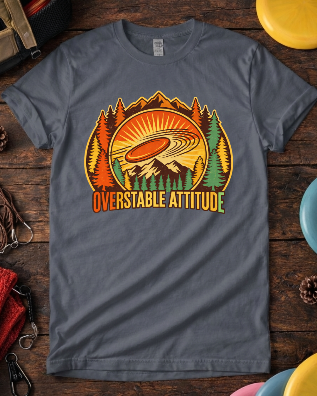 Funny overstable disc golf shirt with colorful mountain scene.
