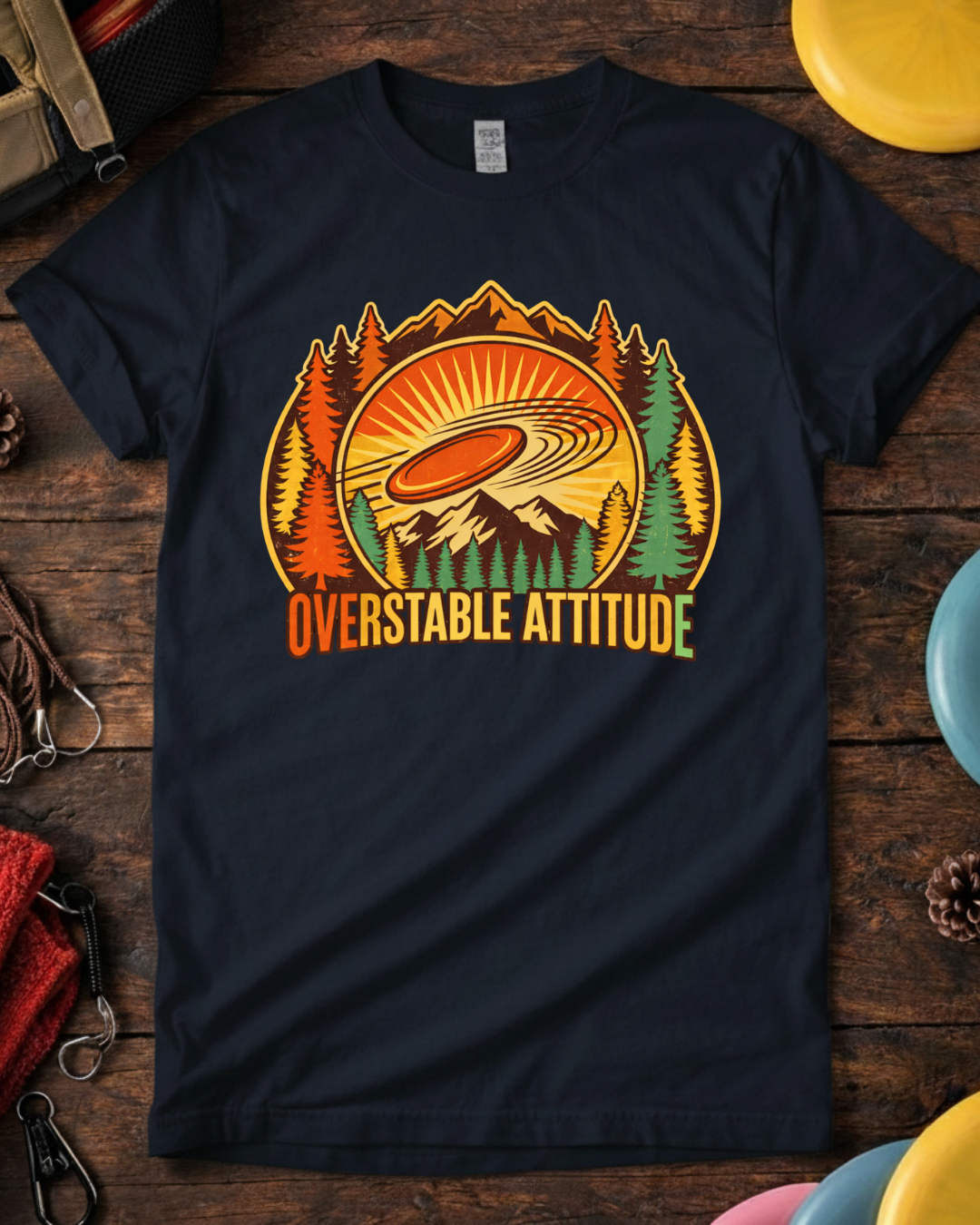 Disc golf tee with overstable disc flight and sunset design. Retro Overstable Attitude frisbee golf shirt for hyzer throwers.