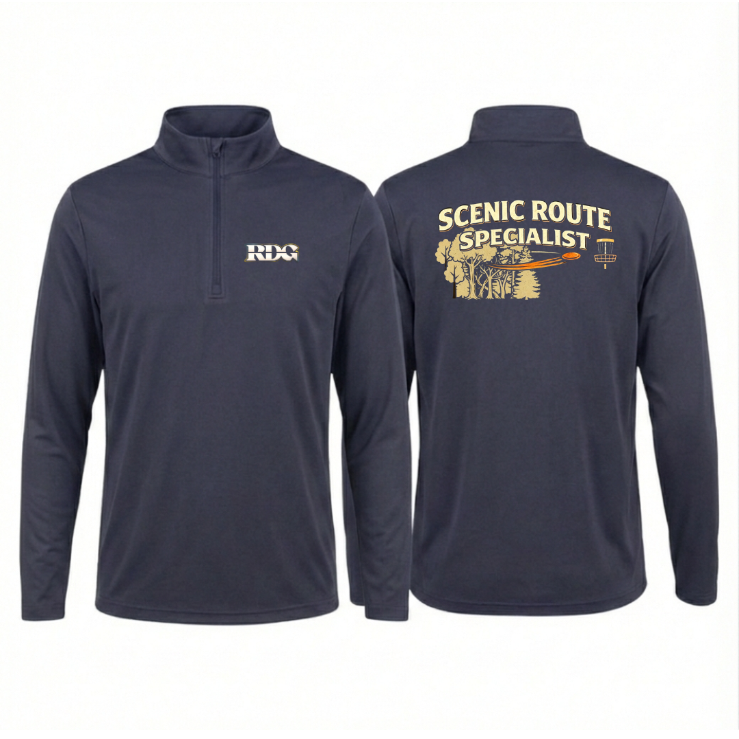 Black disc golf quarter zip pullover with RDG logo on chest and funny frisbee design on the back.