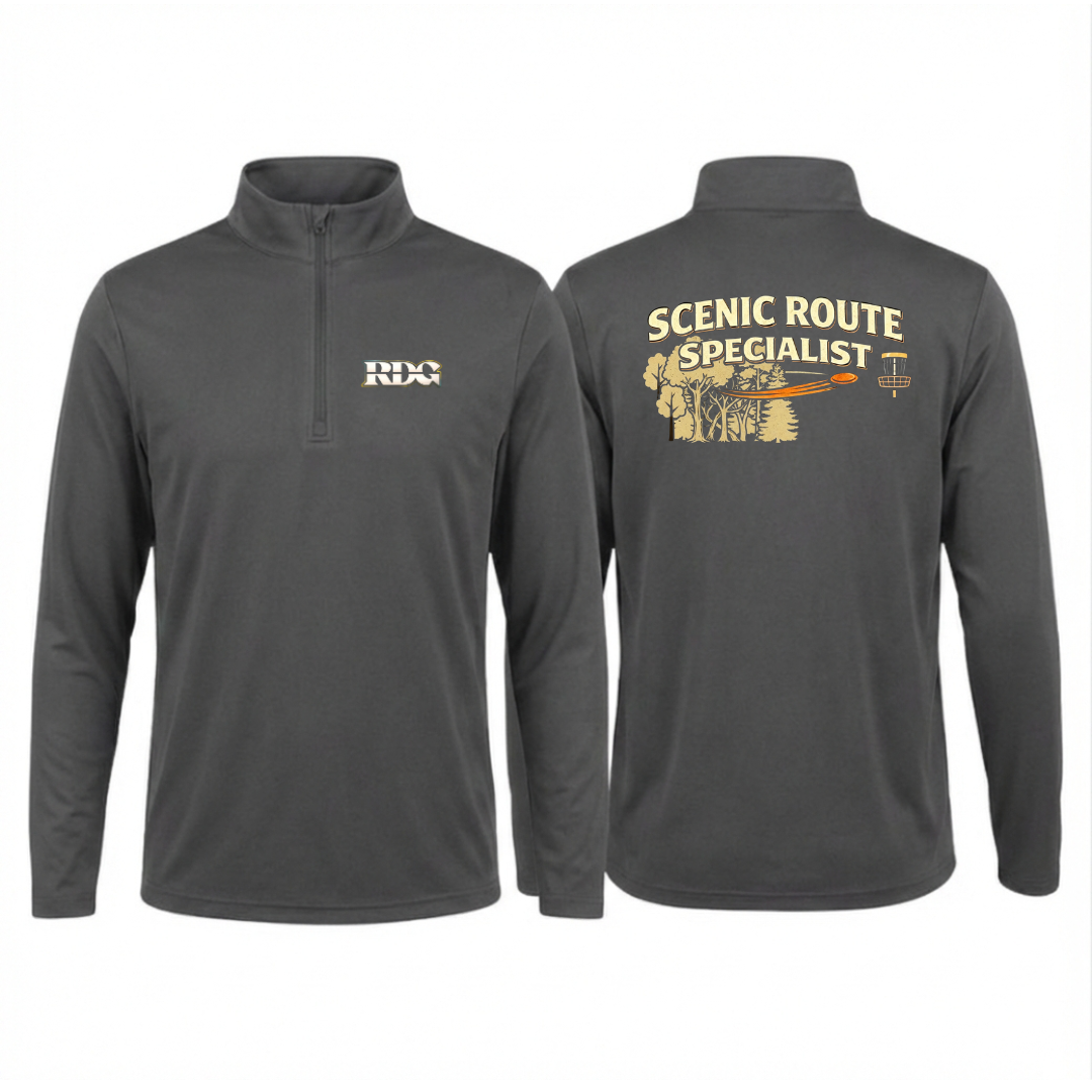 Scenic Route Specialist disc golf quarter zip pullover with funny back print.