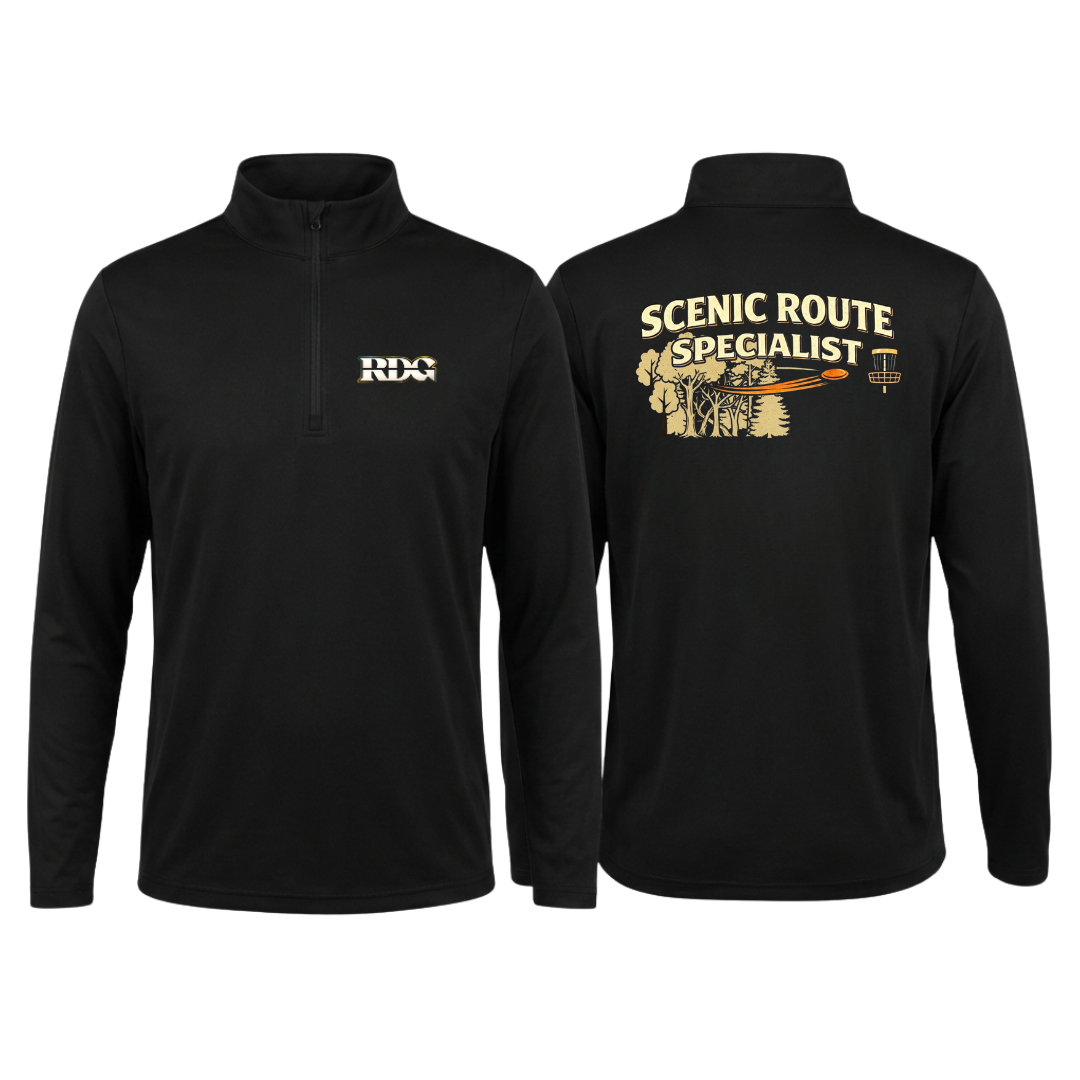 Funny disc golf quarter zip pullover for beginners taking the scenic route. 