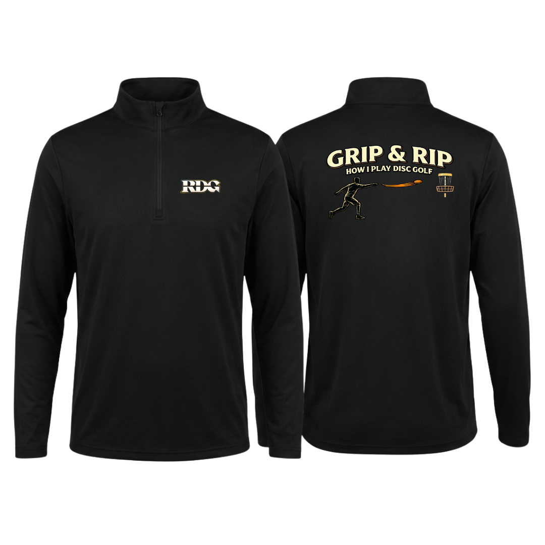 Funny disc golf quarter zip pullover for beginners – Grip & Rip. Black disc golf performance pullover with Grip & Rip design.