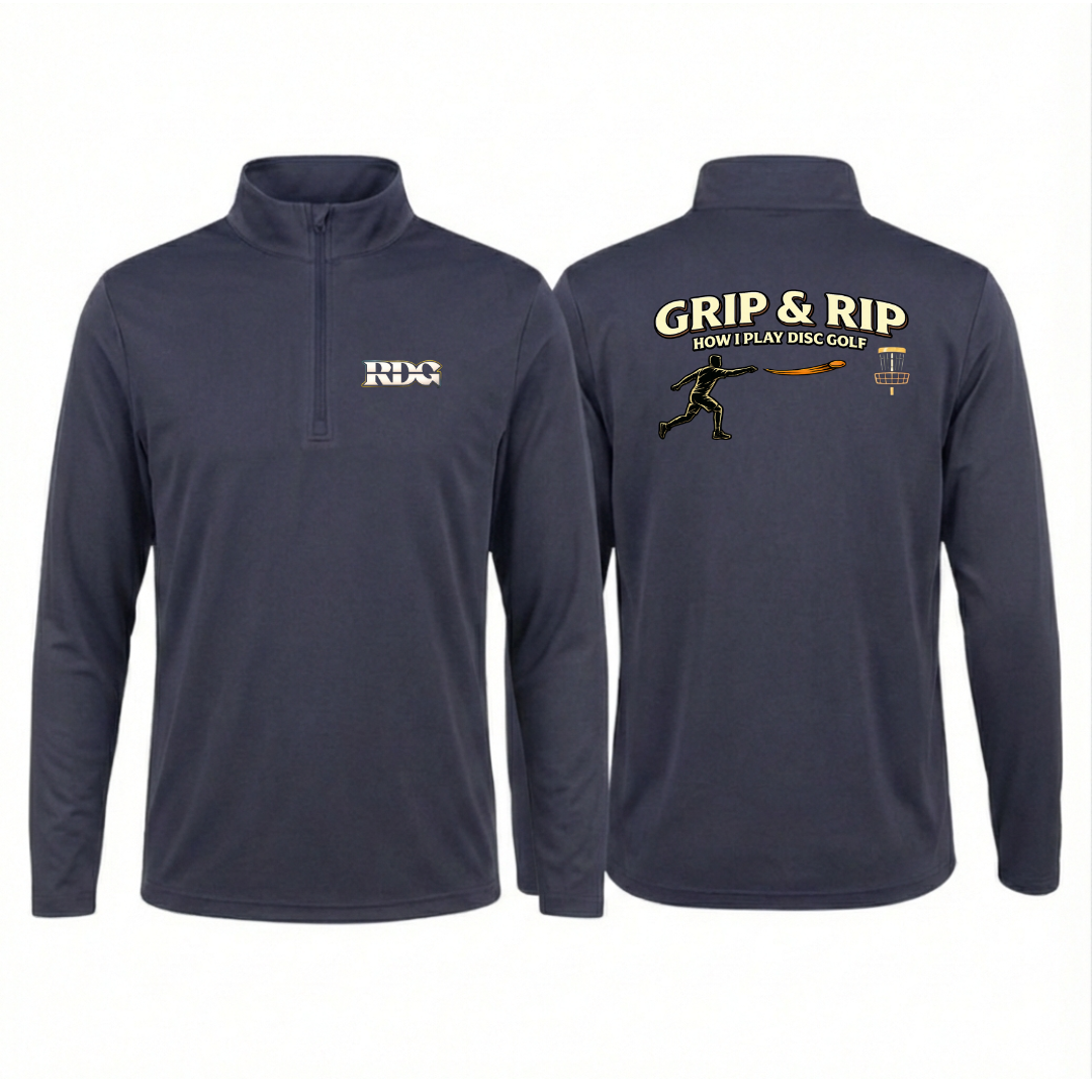 Grip & Rip disc golf quarter-zip pullover with funny back design. 