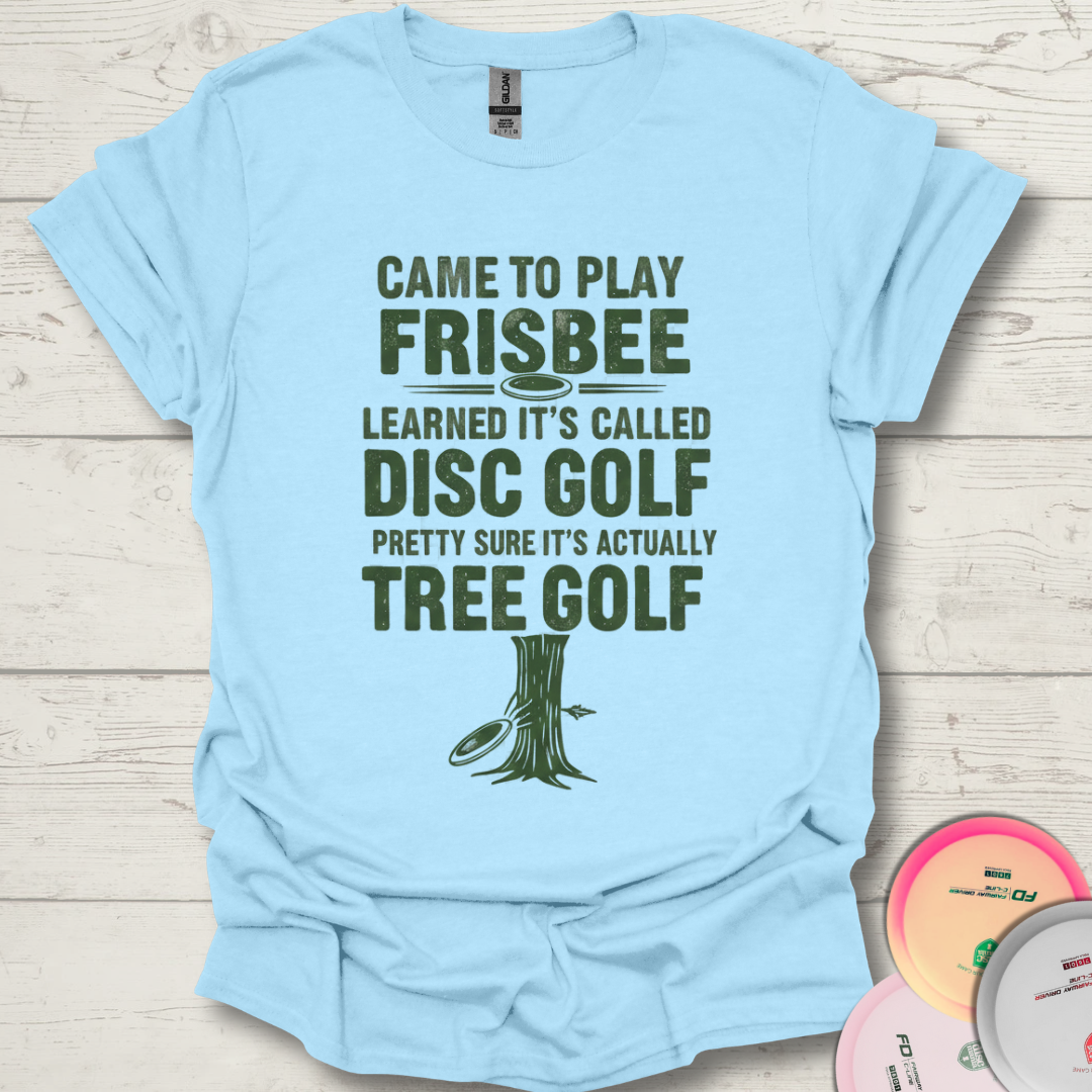 blue disc golf shirt for beginners. Beginner friendly frisbee tee.
