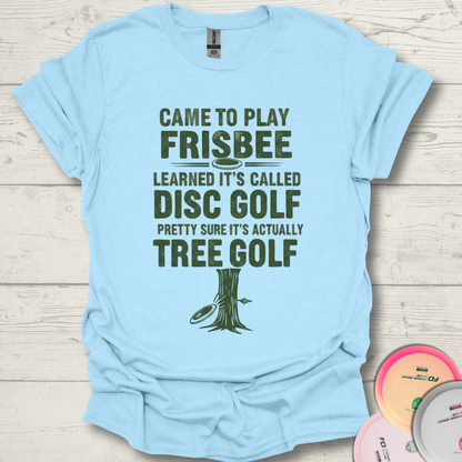 blue disc golf shirt for beginners. Beginner friendly frisbee tee.