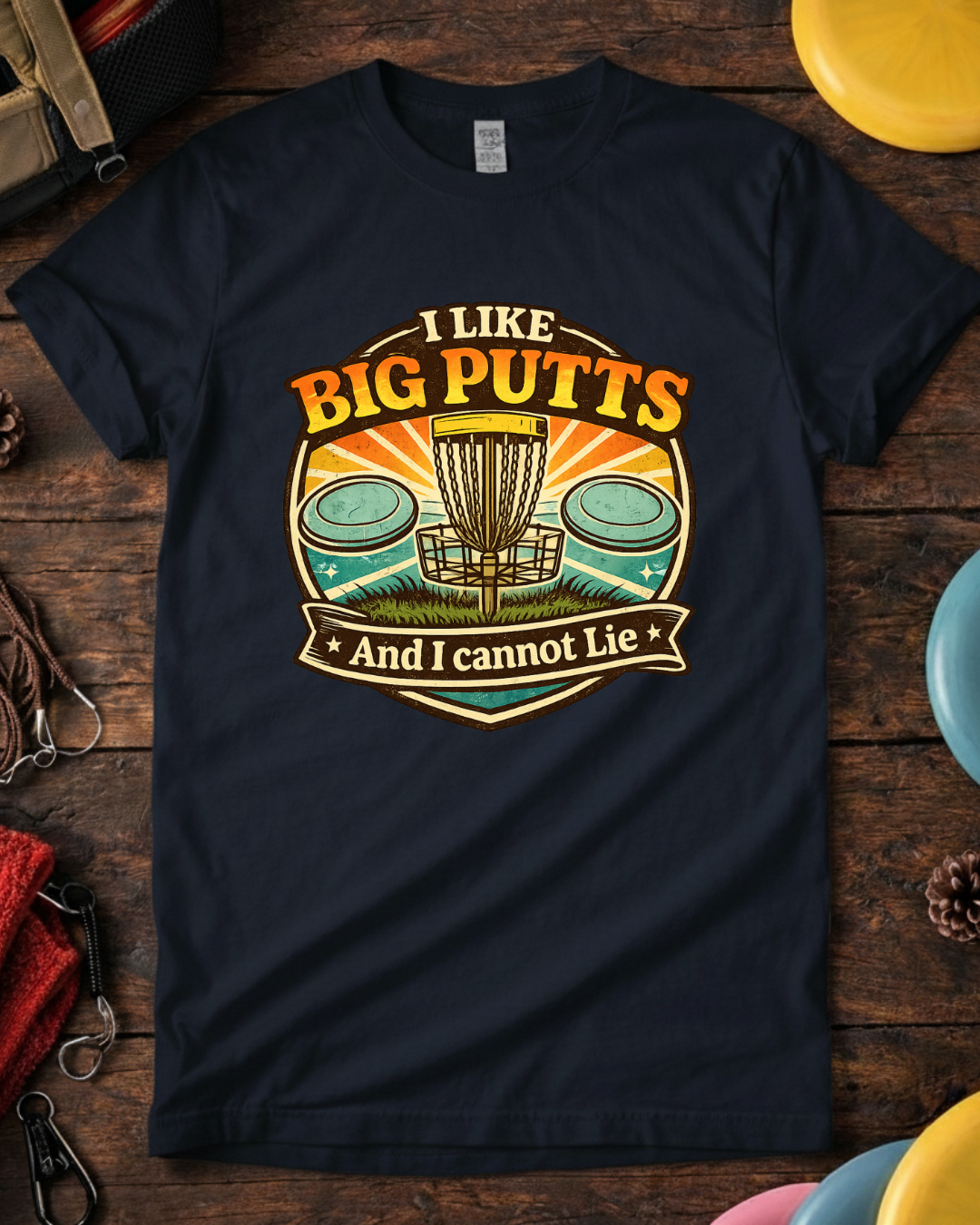  I Like Big Putts funny frisbee golf tee on wooden background.