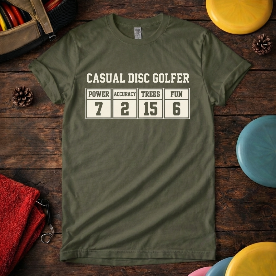 Minimalist casual disc golfer tee with humorous score graphic