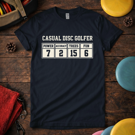 Casual Disc Golfer funny disc golf shirt with stats design