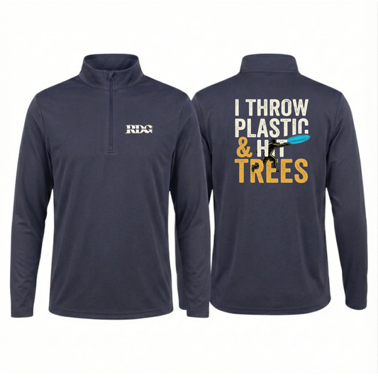 Navy disc golf quarter zip pullover with I Throw Plastic & Hit Trees graphic. Funny disc golf quarter zip pullover for beginners