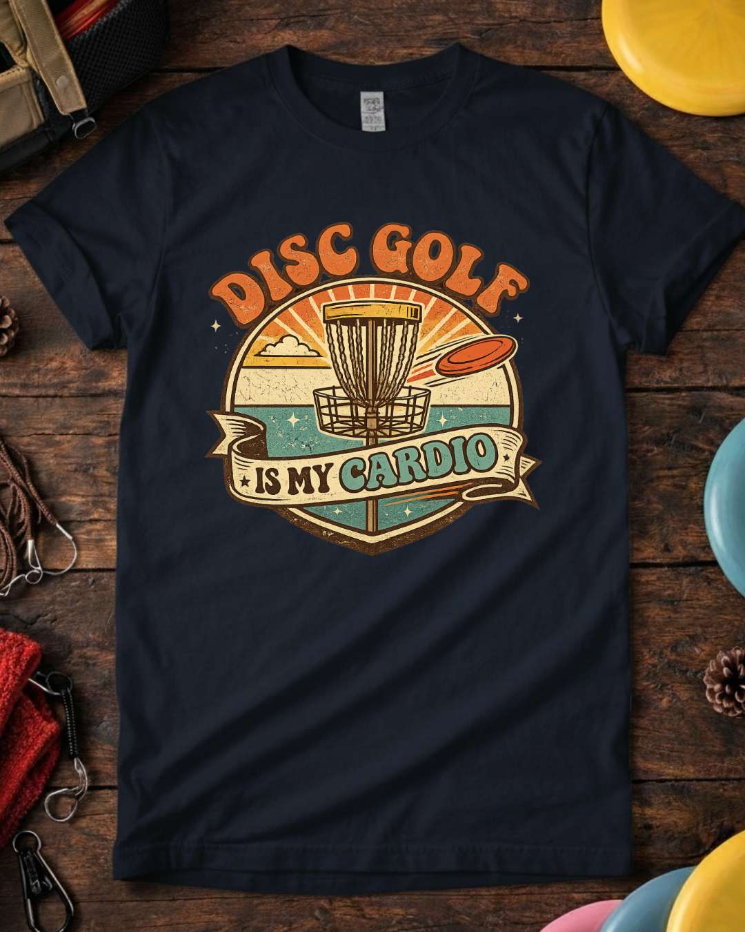 Disc Golf Is My Cardio retro disc golf shirt with basket and sunset. Navy Disc Golf Is My Cardio funny t-shirt on wooden background.