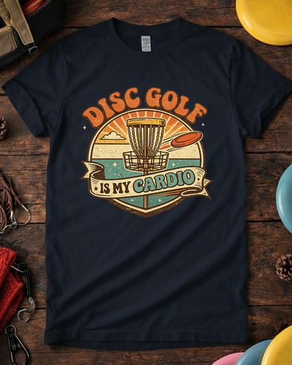 Disc Golf Is My Cardio retro disc golf shirt with basket and sunset. Navy Disc Golf Is My Cardio funny t-shirt on wooden background.