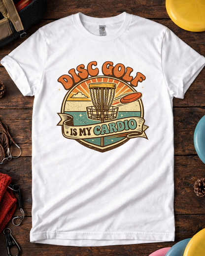Disc golf tee that says Disc Golf Is My Cardio with vintage banner design.