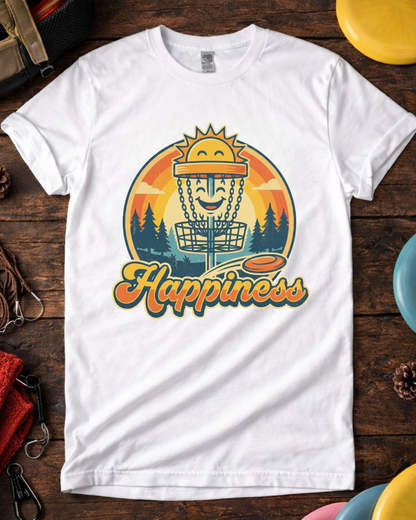 Happiness disc golf shirt with smiling basket and sunset design.