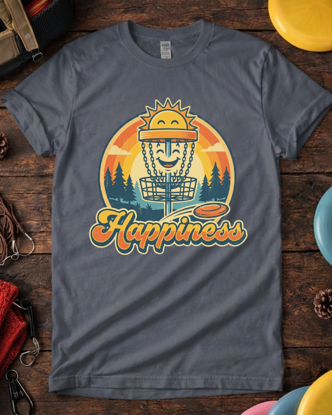 Funny disc golf tee with smiling basket, trees and flying disc. Unisex Happiness retro disc golf shirt laid flat with colorful discs