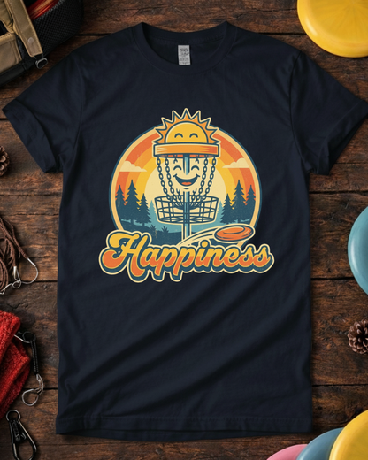 Close-up of Happiness disc golf graphic and script typography. Vintage style Happiness disc golf t-shirt for casual and league players