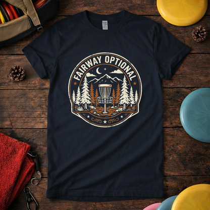 Retro style disc golf shirt with basket and forest graphic