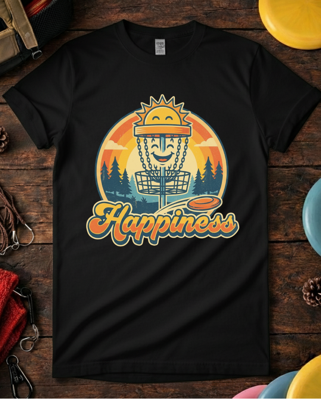 Happiness disc golf shirt showing basket as happy face in sunset scene
