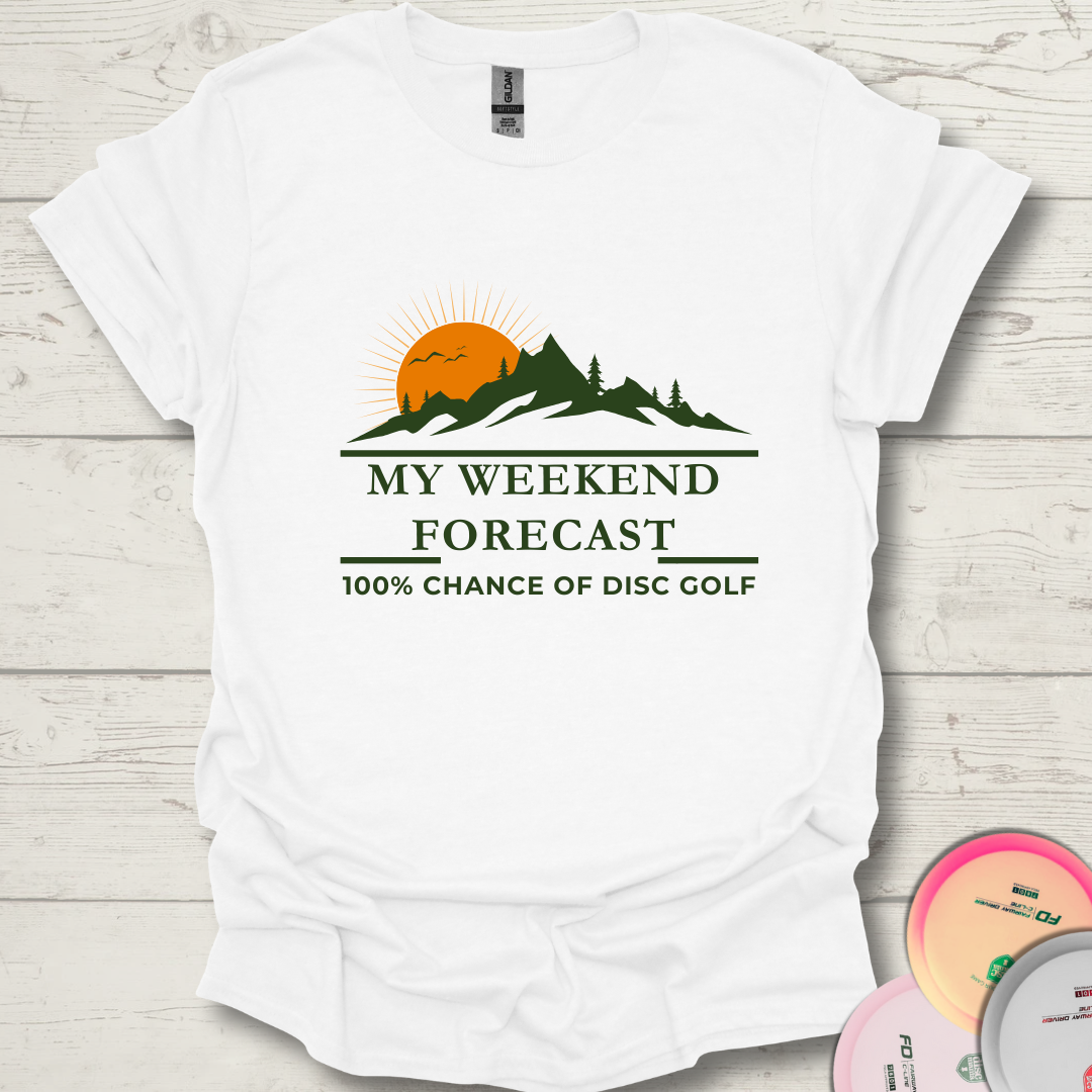 Funny weekend disc golf t-shirt for casual and league players. Disc golf shirt with mountains, sun and My Weekend Forecast text.