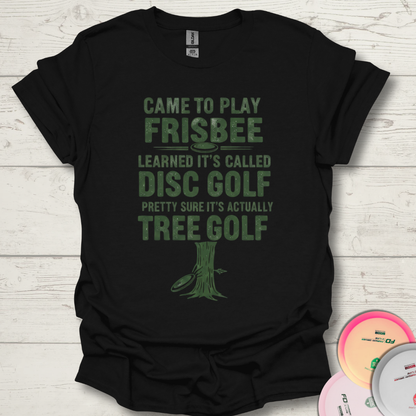Black Tree Golf disc golf shirt with text design. Frisbee golf gift for beginners.