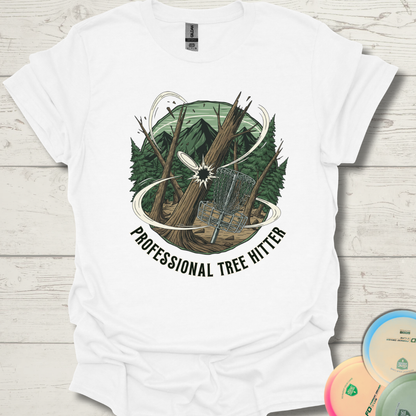 Professional Tree Hitter funny disc golf t-shirt. Unisex Professional Tree Hitter frisbee golf shirt in the woods.