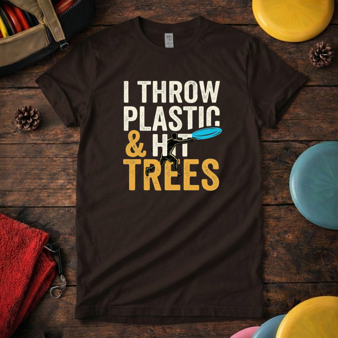 Disc golf shirt for tree hitters I Throw Plastic and Trees brown