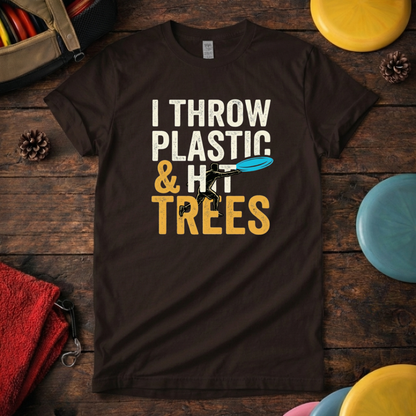 Disc golf shirt for tree hitters I Throw Plastic and Trees brown
