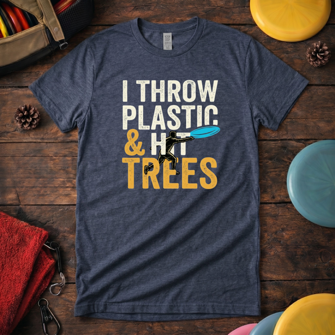 Funny frisbee golf shirt I Throw Plastic and Trees heather navy