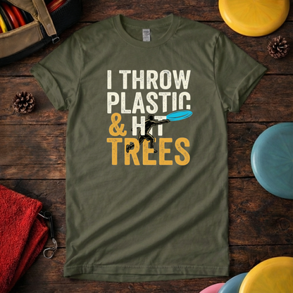 I Throw Plastic and Trees disc golf tee green beginner shirt