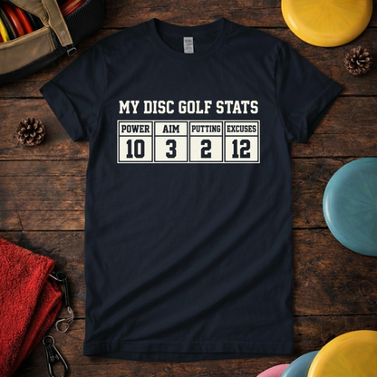 Minimalist disc golf shirt with humorous player stats