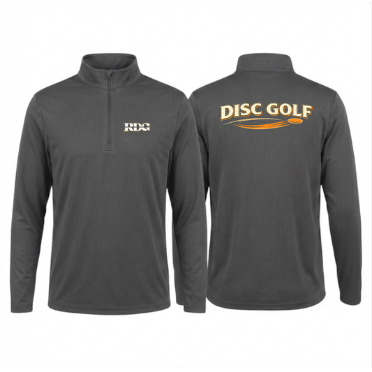 Grey disc golf quarter zip athletic shirt. Moisture wicking disc golf long sleeve pullover