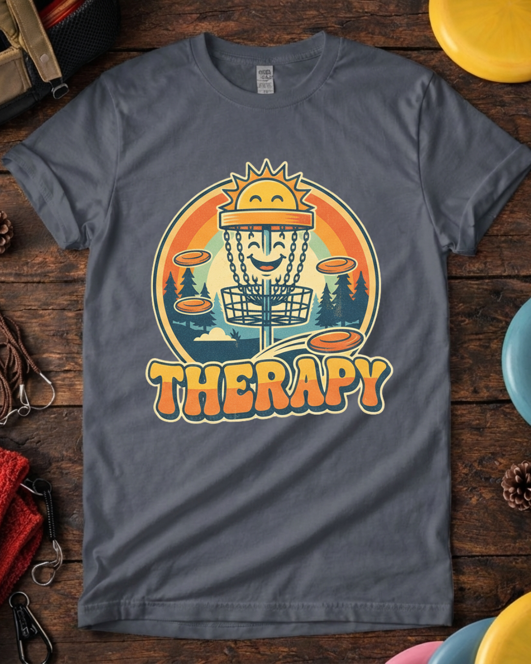 Disc Golf Is My Therapy retro disc golf shirt with smiling basket. Therapy disc golf t-shirt with sunset, trees and flying discs.