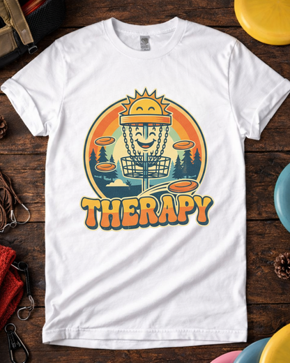 Close-up of Therapy disc golf design with chains and sunset. Vintage style disc golf therapy shirt for casual and league players.