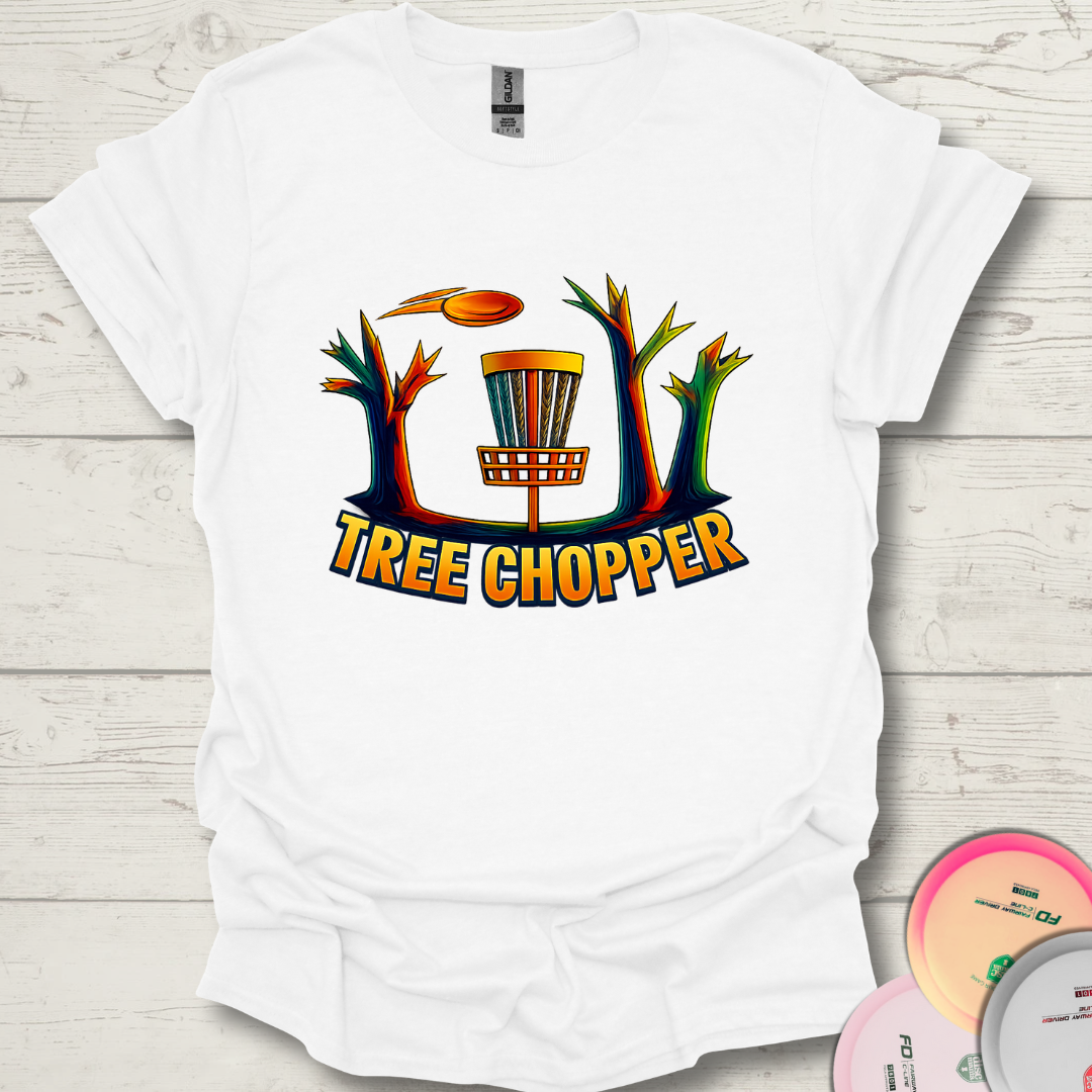 White Tree Chopper disc golf shirt with basket and flying disc design. Unisex Tree Chopper frisbee golf shirt laid flat with discs.