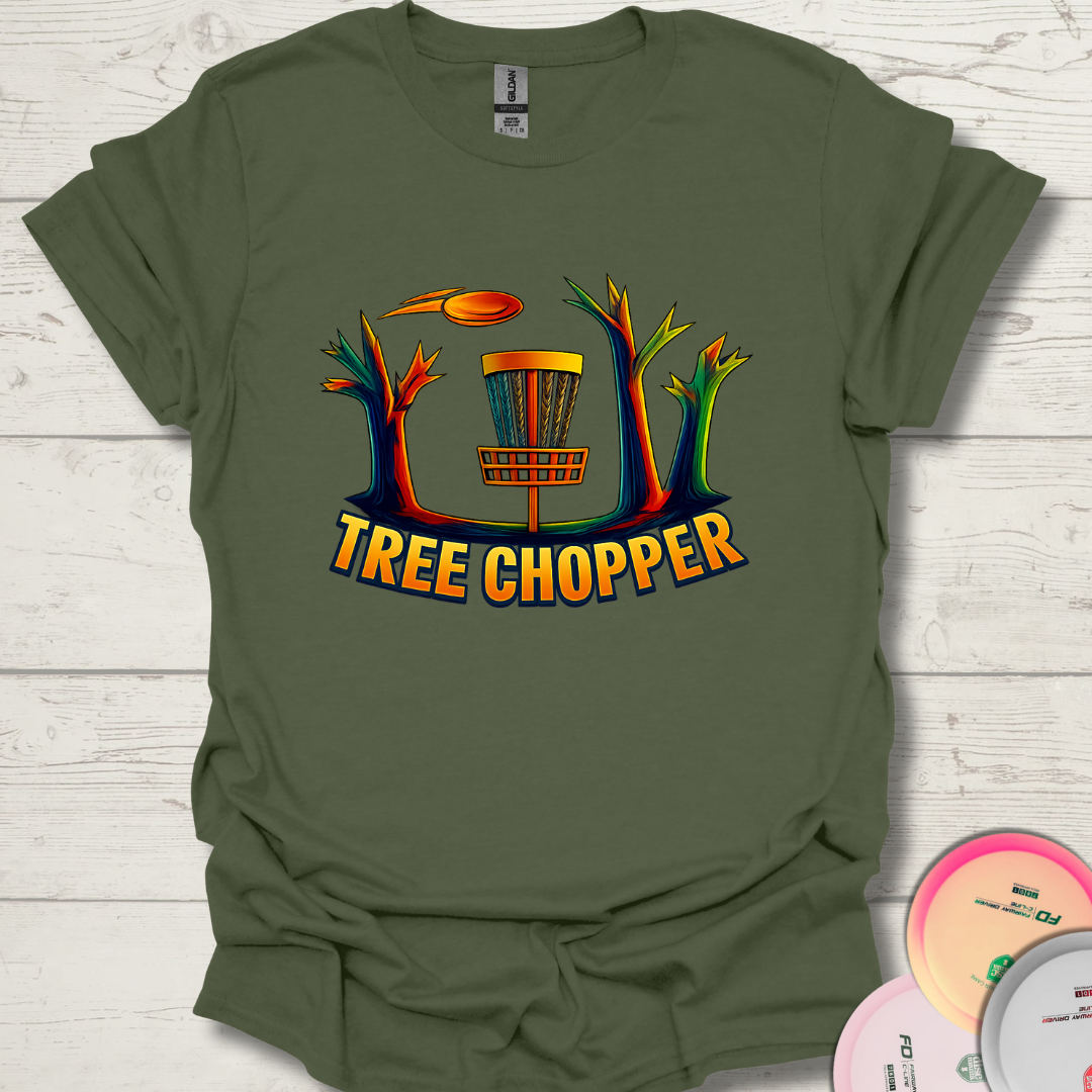 Tree Chopper disc golf t-shirt for wooded course lovers.