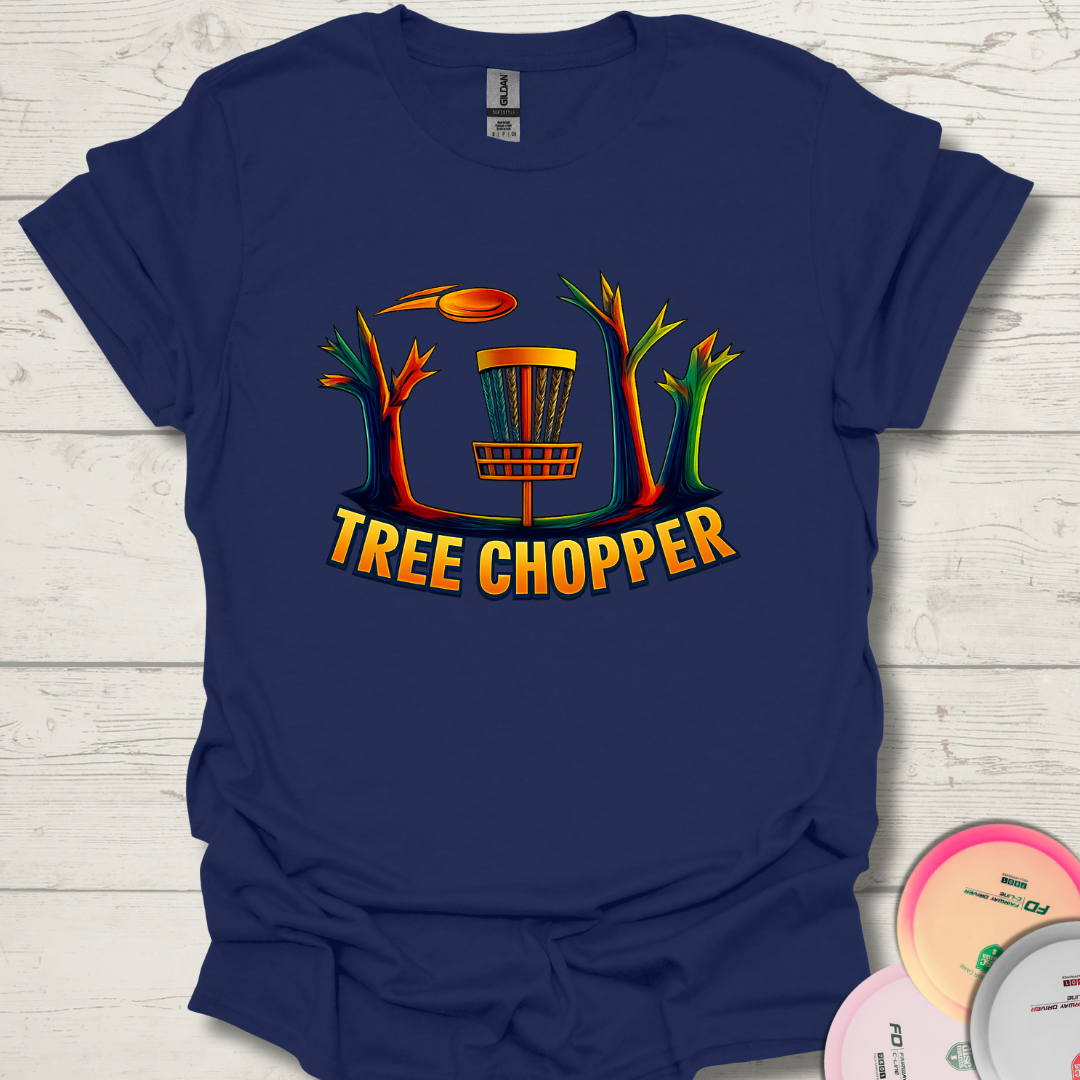 Tree Chopper funny disc golf t-shirt with colorful tree graphic. Disc golf tee that says Tree Chopper for players who hit trees.