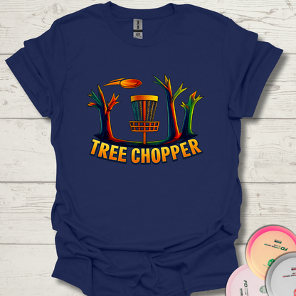 Tree Chopper funny disc golf t-shirt with colorful tree graphic. Disc golf tee that says Tree Chopper for players who hit trees.